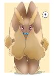  0kami_89zo 1girl absurdres animal_ears animal_nose black_sclera blush body_fur border brown_fur choice_scarf closed_mouth colored_sclera commentary_request embarrassed fluffy full_body furry furry_female grass hands_up highres kneeling looking_at_viewer lopunny outside_border pokemon pokemon_(creature) pout rabbit_ears rabbit_girl red_eyes simple_background solo speech_bubble spoken_squiggle squiggle straight-on tears two-tone_fur white_border yellow_background yellow_fur 