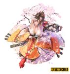  1girl absurdres animal_ear_fluff animal_ears breasts brown_eyes brown_hair cherry_blossoms chinese_clothes cleavage closed_mouth destiny_child dress flower folded_fan full_body hair_flower hair_ornament hand_fan highres holding holding_fan jewelry logo long_dress long_sleeves looking_at_viewer ponytail ring simple_background smile solo tassel white_background wide_sleeves wonchun 