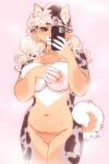  anthro areola big_breasts blonde_hair breasts brown_eyes brown_hair canid canine cellphone chest_tuft digital_media_(artwork) female genitals hair hi_res holding_cellphone holding_object holding_phone holding_smartphone jush mammal multicolored_hair navel nipples phone pink_areola pink_nipples pink_nose portrait pubes pussy selfie shaded simple_background smartphone solo standing three-quarter_portrait tuft two_tone_hair 