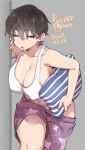  1girl agawa_ryou bangs black_hair blue_eyes breasts cleavage clothes_pull collarbone grey_background large_breasts navel original pillow short_hair shorts shorts_pull simple_background sleepy solo tank_top 