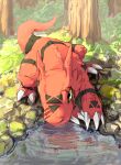  1other aomon_(yuuji7604) claws commentary_request day digimon digimon_(creature) dinosaur dinosaur_tail drinking forest grass highres lake lizard nature reflection reflective_water rock solo tail tree water 