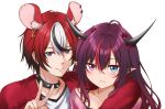  1boy 1girl absurdres animal_ears bangs black_hair blue_eyes choker genderswap genderswap_(ftm) hakos_baelz hayko heterochromia highres hololive hololive_english horns irys_(hololive) jan_azure long_hair mouse_boy mouse_ears multicolored_hair pointy_ears purple_eyes purple_hair red_hair spiked_choker spikes v virtual_youtuber white_hair 