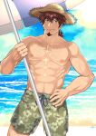  1boy abs bangs bara brown_eyes brown_hair commentary_request facial_hair fate/grand_order fate_(series) goatee hector_(fate) highres holding long_hair looking_at_viewer male_focus muscular muscular_male navel niichi_(niichi21) nipples pectorals short_hair smile solo 