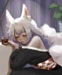  1girl alcohol animal_ears black_kimono black_ribbon checkered_obi closed_eyes extra_ears facial_mark forehead_mark fox_ears fox_girl fox_tail grey_hair highres japanese_clothes kimono kimono_on_shoulders lamp makeup mature_female medium_hair mole mole_under_eye multiple_tails neck_ribbon nijisanji nijisanji_en nina_kosaka off_shoulder red_eyeliner red_eyes red_ribbon ribbon short_eyebrows signature sitting tail tree uuuunaki virtual_youtuber whiskey 