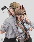  +_+ 1boy 1girl axe bangs black_necktie black_neckwear black_pants blonde_hair breasts brown_eyes chainsaw_man collared_shirt demon_girl demon_horns denji_(chainsaw_man) glasses hair_between_eyes highres horns long_hair long_sleeves looking_at_viewer medium_breasts mouth_hold necktie open_mouth pants power_(chainsaw_man) red_horns sharp_teeth shirt shirt_tucked_in short_hair simple_background sleeves_rolled_up taorotana teeth white_shirt yellow_eyes 