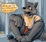  anthro barely_visible_genitalia barely_visible_penis blush bodily_fluids bulge canid canine canis clothing genital_fluids genitals male mammal penis sam_(orf) shinyluvdisc shirt topwear underwear urine watersports wolf 