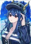  1girl :o absurdres adjusting_hair arknights baseball_cap blue_background breasts ch&#039;en_(arknights) ch&#039;en_the_holungday_(arknights) cleavage dragon_girl dragon_horns eyebrows_visible_through_hair eyewear_on_headwear folded_ponytail hair_between_eyes hand_up hat highres horns horns_through_headwear large_breasts long_hair looking_at_viewer motsupu official_alternate_costume red_eyes sidelocks solo sunglasses upper_body white_headwear 