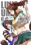  2girls ;d absurdres animal_ears arm_up bangs bare_shoulders bead_bracelet beads blue_hair blue_shirt bracelet breasts brown_hair clothing_cutout commentary_request cowboy_shot crop_top cropped_jacket daitaku_helios_(umamusume) ear_covers ear_ornament eyebrows_visible_through_hair facial_mark fang fingerless_gloves floating_hair fur-trimmed_jacket fur_trim gloves green_skirt grin groin hair_between_eyes hair_ornament hairclip hand_up highres horse_ears horse_girl horse_tail jacket jewelry large_breasts long_hair looking_at_viewer luna_(gkluna_mas) medium_breasts mejiro_palmer_(umamusume) midriff multicolored_hair multiple_girls navel necklace one_eye_closed open_mouth pleated_skirt ponytail shirt shoulder_cutout sidelocks simple_background skin_fang skirt smile standing star_(symbol) star_hair_ornament streaked_hair tail teeth two-tone_hair umamusume v white_background white_gloves white_hair white_jacket yellow_eyes yellow_shirt 