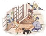  6+girls :d animal_ears bangs blonde_hair blue_bow blush bow braid cat_ears cat_tail checkered chen chen_(cat) cirno closed_eyes commentary_request daiyousei eating fairy_wings food frilled_bow frills fruit gap_(touhou) gourd green_eyes green_hair grin hair_bow hair_tubes hakurei_reimu haori hat hat_ribbon highres horn_ornament horn_ribbon horns ibuki_suika ice ice_wings japanese_clothes kirisame_marisa kotatsu mandarin_orange mob_cap multiple_girls multiple_tails nekomata nontraditional_miko one_side_up oni_horns onigiri_(ginseitou) open_mouth red_bow red_ribbon ribbon shouji single_braid sitting sliding_doors smile snow snowing sweatdrop table tail touhou two_tails white_headwear wings yakumo_yukari 