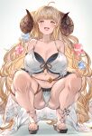  1girl ahoge aldehyde anila_(granblue_fantasy) bikini blonde_hair blush breasts brown_eyes cleavage commentary_request duplicate eyebrows_visible_through_hair granblue_fantasy hair_between_eyes hair_ornament highres horns huge_breasts large_breasts long_hair looking_at_viewer open_mouth pixel-perfect_duplicate squatting swimsuit thighs white_background 