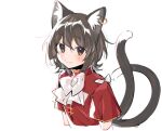  1girl adapted_costume akagashi_hagane animal_ear_fluff animal_ears bangs blush bow bowtie brown_eyes brown_hair cat_ears cat_tail chen closed_mouth earrings eyebrows_visible_through_hair hair_between_eyes jewelry light_smile looking_at_viewer multiple_tails nekomata no_hat no_headwear red_shirt shirt short_hair short_sleeves simple_background single_earring solo tail touhou two_tails upper_body white_background white_bow white_bowtie 