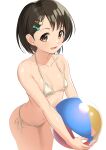 1girl absurdres ass ball bangs bare_shoulders beachball bikini breasts brown_eyes brown_hair collarbone commentary_request eyebrows_visible_through_hair hair_ornament hairclip highres holding holding_ball idolmaster idolmaster_cinderella_girls light_blush looking_at_viewer micro_bikini midriff navel open_mouth sasaki_chie short_hair side-tie_bikini simple_background small_breasts smile solo string_bikini swimsuit thighs tsunenorip white_background white_bikini 