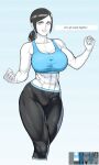  1girl abs biceps black_hair breasts clenched_hands colored_skin english_text large_breasts muscular muscular_female pants ponytail smile solo sports_bra toned white_eyes white_skin wii_fit wii_fit_trainer wii_fit_trainer_(female) yoga_pants 