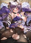  1girl absurdres anus arms_up black_gloves black_legwear breasts breasts_out censored crying crying_with_eyes_open cum cum_in_pussy cum_on_body cum_on_clothes detached_sleeves dress genshin_impact gloves hair_cones hair_ornament highres hilichurl_(genshin_impact) ken_(coffee_michikusa) keqing_(genshin_impact) looking_at_viewer medium_breasts missionary mosaic_censoring navel nipples open_mouth pantyhose purple_dress purple_eyes purple_hair pussy rape sex spread_pussy tears torn_clothes torn_dress torn_legwear twintails 