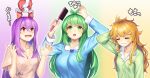  3girls =_= @_@ blonde_hair breasts cleavage closed_eyes closed_mouth collarbone eyebrows_visible_through_hair facing_viewer green_eyes green_hair hair_brush highres kirisame_marisa kochiya_sanae large_breasts long_hair long_sleeves looking_away looking_up messy_hair multiple_girls open_mouth pajamas purple_hair red_eyes reisen_udongein_inaba short_sleeves tarmo tied_ears touhou 