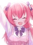  1girl bangs blue_bow bow closed_eyes collar commentary fang frilled_collar frills hair_bow highres long_hair momoi_airi open_mouth pink_hair project_sekai smile solo two_side_up yasai31 