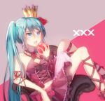  1girl apple arm_ribbon aryuma772 bangs blue_eyes blue_hair breasts bustier cleavage collarbone criss-cross_halter crown eyebrows_visible_through_hair flower food frilled_skirt frills fruit hair_between_eyes halterneck hatsune_miku highres holding holding_food holding_fruit layered_skirt leg_ribbon long_hair midriff mini_crown miniskirt navel open_mouth purple_skirt red_apple red_flower red_rose ribbon rose sitting skirt small_breasts solo stomach twintails very_long_hair vocaloid 