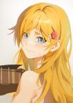  1girl absurdres bare_shoulders blonde_hair blue_eyes closed_mouth crying crying_with_eyes_open from_side grey_background hair_intakes hair_ornament hairclip henz highres long_hair miyazono_kawori shigatsu_wa_kimi_no_uso shiny shiny_hair smile solo straight_hair tears upper_body 