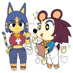  absurd_res animal_crossing ankha_(animal_crossing) anthro big_breasts breasts clipboard clothing domestic_cat duo eulipotyphlan felid feline felis female footwear frown hand_on_hip hedgehog hi_res labelle_able mammal midriff nintendo onibi open_mouth open_smile purse sandals simple_background smile star_eyes video_games white_background 