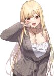  1girl blonde_hair breasts bug butterfly cleavage facial_mark heart herio jacket jewelry large_breasts long_hair looking_at_viewer luis_cammy mole mole_under_mouth nail_polish necklace nijisanji official_alternate_costume open_mouth red_eyes smile solo sweater_jacket tattoo transparent_background v virtual_youtuber 