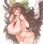  1girl :d absurdres alternate_costume bangs bare_shoulders bikini bird_wings black_hair blush bow breasts bright_pupils cape chest_jewel cowboy_shot daruia_(sabitare) eyebrows_visible_through_hair feathered_wings green_bikini green_bow hair_bow hands_up highres huge_breasts leaning_forward long_hair open_mouth red_eyes reiuji_utsuho simple_background smile solo swimsuit touhou very_long_hair white_background white_cape white_pupils wings 