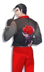  1boy beryl_gut black_gloves black_hair bouquet commentary_request facial_hair fate/grand_order fate_(series) flower glasses gloves hair_slicked_back lostdog121 male_focus open_mouth pants pointy_ears rose shirt smile solo stubble waistcoat 