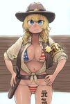  1girl absurdres american_flag_bikini bangs bikini blonde_hair blue_eyes breasts brown_vest chanta_(ayatakaoisii) cleavage cowboy_hat cowboy_shot eyebrows_visible_through_hair flag_print hands_on_hips hat highres long_hair looking_at_viewer navel original shadow shirt solo swimsuit tied_shirt vest 