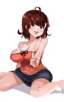  1girl absurdres ayana_(liberty_manurung) bare_legs barefoot black_skirt blush breasts brown_hair cleavage covered_navel highres liberty_manurung medium_hair open_mouth orange_camisole original red_eyes simple_background skirt smile solo v white_background 