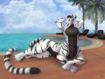 absurd_res belly_scales black_horn black_stripes cinnamomo claws felid fur hands_behind_head hi_res horn hybrid long_tail lying male mammal on_front palm_tree pantherine plant poolside scales smile smirk solo stretching stripes taur tiger tree water white_body white_fur 