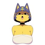  ahegao animal_crossing ankha_(animal_crossing) anthro big_breasts blue_hair breasts cleavage clothed clothing domestic_cat egyptian felid feline felis female hair hi_res looking_pleasured mammal nintendo potatoartox simple_background solo tongue tongue_out video_games white_background yellow_body 