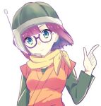  1girl breasts chrono_trigger closed_mouth eka_eri glasses helmet looking_at_viewer lowres lucca_ashtear purple_hair scarf short_hair simple_background smile solo totemotsu_rai white_background 
