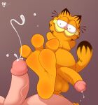  3_toes absurd_res anthro balls big_feet big_penis bodily_fluids cum cumshot domestic_cat duo ejaculation feet felid feline felis foot_fetish foot_focus foot_play footjob fur fur_markings garfield_(series) garfield_the_cat genital_fluids genitals hi_res huge_penis human humanoid_feet itsdante lying male male/male mammal markings offscreen_character paws penis sex slightly_chubby soles spread_toes standing toes vein veiny_penis 