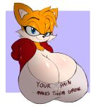  2022 anthro big_breasts blue_eyes breasts canid canine cleavage clothed clothing crossgender digital_media_(artwork) eyebrows female fox hair hi_res huge_breasts hyper hyper_breasts looking_at_viewer mammal miles_prower mtf_crossgender nipple_outline sega simple_background smile solo sonic_the_hedgehog_(series) suirano text text_on_clothing 