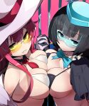  2girls absurdres bikini black_bikini black_gloves black_hair blue_hair breast_press breasts character_request closed_mouth copyright_request evil_twin_ki-sikil evil_twin_lil-la eyebrows_visible_through_hair gloves green_eyes highres ki-sikil_(yu-gi-oh!) kometsubu large_breasts lil-la_(yu-gi-oh!) long_hair looking_at_viewer multiple_girls necktie parted_lips red_hair red_necktie short_hair sunglasses swimsuit symmetrical_docking white_bikini white_gloves yu-gi-oh! 