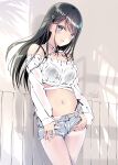  1girl ass back bare_shoulders black_hair blue_eyes blush bra_strap bra_visible_through_clothes branch commentary_request cowboy_shot denim denim_shorts flower hair_flower hair_ornament hairclip highres kobayashi_chisato legwear_under_shorts long_hair long_sleeves looking_at_viewer midriff navel off-shoulder_sweater off_shoulder original panties panty_straps short_shorts shorts side-tie_panties smile solo standing sunlight sweater tan tanlines thighs tree tying underwear white_legwear window 