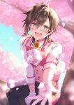  1boy bishounen blurry blurry_background brown_hair cherry_blossoms collared_shirt depth_of_field dutch_angle eyebrows_visible_through_hair glasses gloves green_eyes hair_between_eyes highres idolmaster idolmaster_side-m iseya_shiki light looking_at_viewer male_focus natsuki_marina open_mouth petals reaching_out shirt sitting solo tree white_gloves white_shirt 