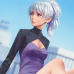  1girl blue_sky blurry blurry_background breasts brown_eyes cleavage darker_than_black day english_commentary hair_ribbon highres long_sleeves miura-n315 outdoors ponytail purple_ribbon ribbon sitting sky small_breasts solo white_hair yin_(darker_than_black) 