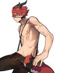  1boy abs brown_legwear demon_boy eyepatch facial_mark horns male_focus original patient_zero pointy_ears profile red_hair simple_background solo stitches tail toned toned_male topless_male white_background yellow_eyes 