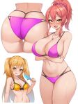  2girls ass bikini blonde_hair crossed_arms food green_eyes highres idolmaster idolmaster_cinderella_girls jewelry jougasaki_mika jougasaki_rika kuavera multiple_girls necklace pink_bikini pink_hair popsicle siblings simple_background sisters swimsuit white_background yellow_bikini yellow_eyes 