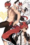  1boy axe brown_gloves brown_legwear collared_shirt demon_boy eyepatch facial_mark gloves heart highres holding holding_pickaxe horns male_focus nipples original patient_zero pectorals pickaxe pointy_ears profile red_hair shirt shovel tail topless_male white_shirt yellow_eyes 