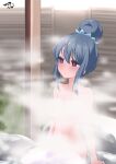  1girl absurdres blue_hair blush completely_nude convenient_censoring eyebrows_visible_through_hair hair_bun hazuki_haru highres looking_away nude onsen parted_lips purple_eyes shima_rin short_hair sidelocks sitting solo steam steam_censor yurucamp 