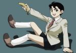  1boy :d banana black_eyes black_hair brown_footwear food fruit full_body holding holding_food holding_fruit kaneda_shoutarou_(tetsujin_28-gou) kneehighs kuroobiayu looking_at_viewer male_focus necktie shadow short_hair shorts simple_background sitting smile solo tetsujin_28-gou white_legwear 