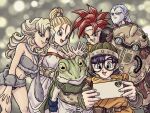  3girls ayla_(chrono_trigger) blonde_hair blue_eyes breasts cellphone chrono_trigger closed_mouth crono_(chrono_trigger) frog_(chrono_trigger) glasses headband helmet highres jewelry long_hair looking_at_viewer lucca_ashtear magus_(chrono_trigger) marle_(chrono_trigger) multiple_boys multiple_girls open_mouth phone purple_hair robo_(chrono_trigger) robot scarf short_hair smile yuto_sakurai 