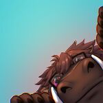 anthro blue_background brown_body brown_claws brown_ears brown_hair chromatic_aberration claws close-up digital_media_(artwork) glistening glistening_eyes hair looking_at_viewer male ninetht pink_eyes shaded simple_background soft_shading solo square_glasses tan_inner_ear tusks 