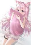  1girl animal_ear_fluff animal_ears antenna_hair bangs bare_arms bed_sheet blush coyote_ears coyote_girl coyote_tail eyebrows_visible_through_hair hair_between_eyes hakui_koyori highres hololive long_hair looking_at_viewer lying memeri nail_polish on_back on_bed pink_hair pink_nails purple_eyes shorts solo striped striped_shorts tail tail_hug thigh_strap vertical-striped_shorts vertical_stripes very_long_hair virtual_youtuber white_shorts 