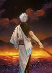  1boy back bokken clenched_hand cloud cloudy_sky gintama hatching_(texture) highres holding holding_sword holding_weapon japanese_clothes looking_afar male_focus molten_rock moon mountain sakata_gintoki silhouette sketch sky solo standing sword toned toned_male twitter_username uraki_(tetsu420) weapon white_hair wooden_sword 