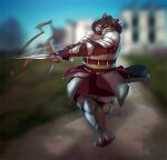 4_toes anthro armor biped black_body black_fur black_head_tuft black_nose black_tail blurred_background claws digital_media_(artwork) feet fur glistening glistening_nose grey_armor grey_body grey_ears grey_fur grey_tail holding_object holding_sword holding_weapon male melee_weapon motion_blur ninetht outside running shaded shadow soft_shading solo sword toes weapon white_body white_claws white_fur white_tail 
