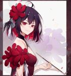  1girl bangs bob_cut china_dress chinese_clothes closed_mouth dress flower hair_flower hair_ornament highres holding holding_pipe honkai_(series) honkai_impact_3rd kiseru looking_at_viewer looking_to_the_side petals pipe pmg red_eyes red_flower red_hair seele_(alter_ego) seele_vollerei seele_vollerei_(stygian_nymph) short_hair sleeveless sleeveless_dress smile 