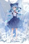  1girl :&lt; absurdres adapted_costume ahoge arms_behind_back bangs blue_bow blue_skirt blue_theme blurry blurry_background blush bow breasts cirno closed_mouth crossed_bangs eyebrows_visible_through_hair full_body hair_between_eyes hair_bow half-closed_eyes highres ice ice_wings jitome looking_to_the_side necktie outdoors red_necktie shirt short_hair short_sleeves skirt small_breasts solo standing suspenders touhou tsune_(tune) white_shirt wing_collar wings 
