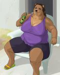  anthro aoino_broome belly beverage_bottle black_nose bottle bottomwear breasts brown_arms brown_body brown_breasts brown_ears brown_fur brown_hair brown_hands brown_legs clothed clothing collarbone female fingers footwear fully_clothed fur green_clothing green_footwear hair hi_res holding_bottle holding_object looking_at_viewer mammal multicolored_clothing multicolored_footwear purple_clothing purple_topwear sitting smile solo topwear two_tone_clothing two_tone_footwear ursid yellow_clothing yellow_footwear 